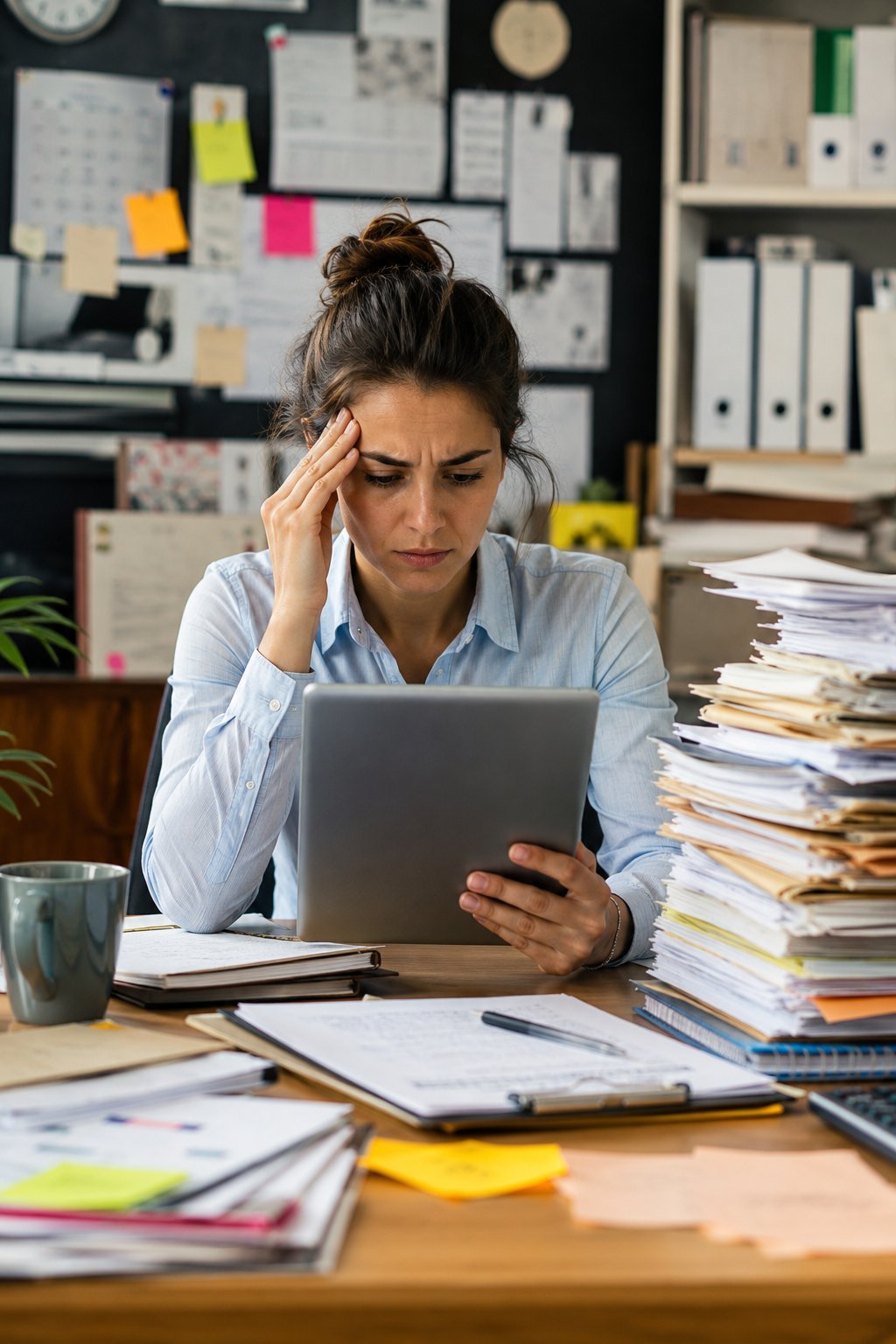Woman at desk looking stressed while holding tablet, surrounded by papers and files in a busy office workspace