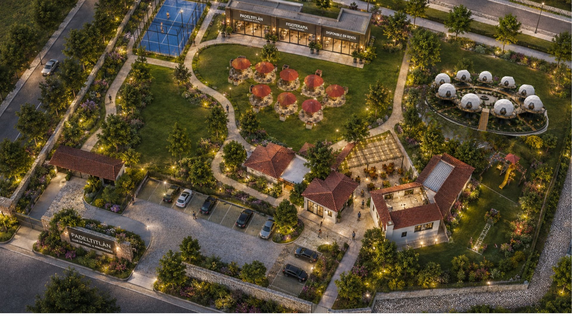 Vista panorámica del render del club: cancha panorámica de pádel, palapas con sombrillas rojas, los 3 locales comerciales, casa club, cápsulas de hospedaje y jardines dentro de Vista Hermosa Residencial
