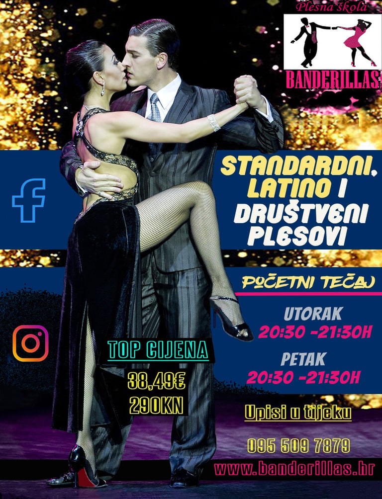 Promotivni plakat plesnog show nastupa Banderillas s parom koji izvodi standardni latino ples na zlatnoj pozornici