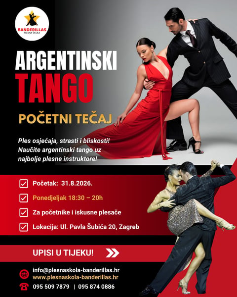 Plakat plesne škole Banderillas — Argentinski tango, početni tečaj od 31.8.2026.
