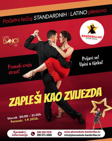 Plakat plesne škole Banderillas — Zapleši kao zvijezda, početni tečaj standardnih i latino plesova