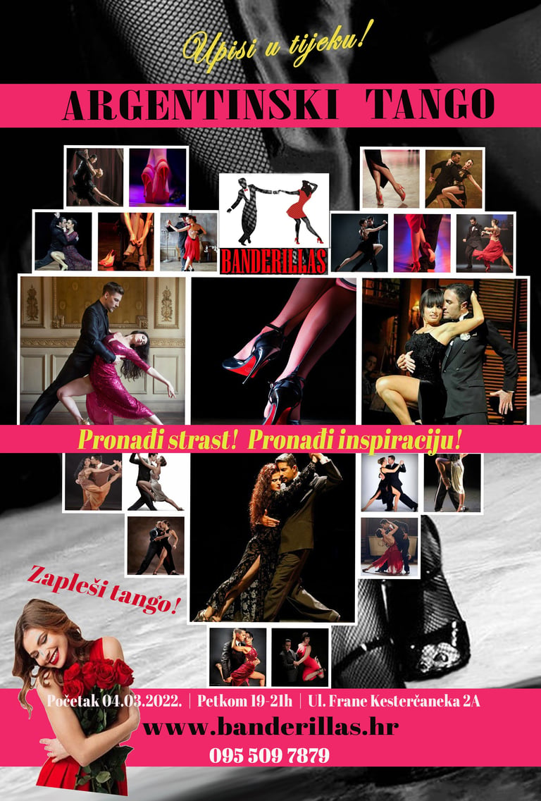 Promotivni plakat tečaja argentinskog tanga s kolažom fotografija plesnih parova u tango pozama Plesne škole Banderillas