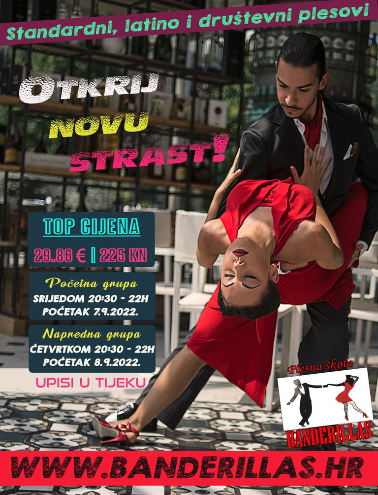 Plakat tečaja standardnih, latino i društvenih plesova s parom u dramatičnom plesnom zaletu na urbanoj pozadini Plesne škole Banderillas