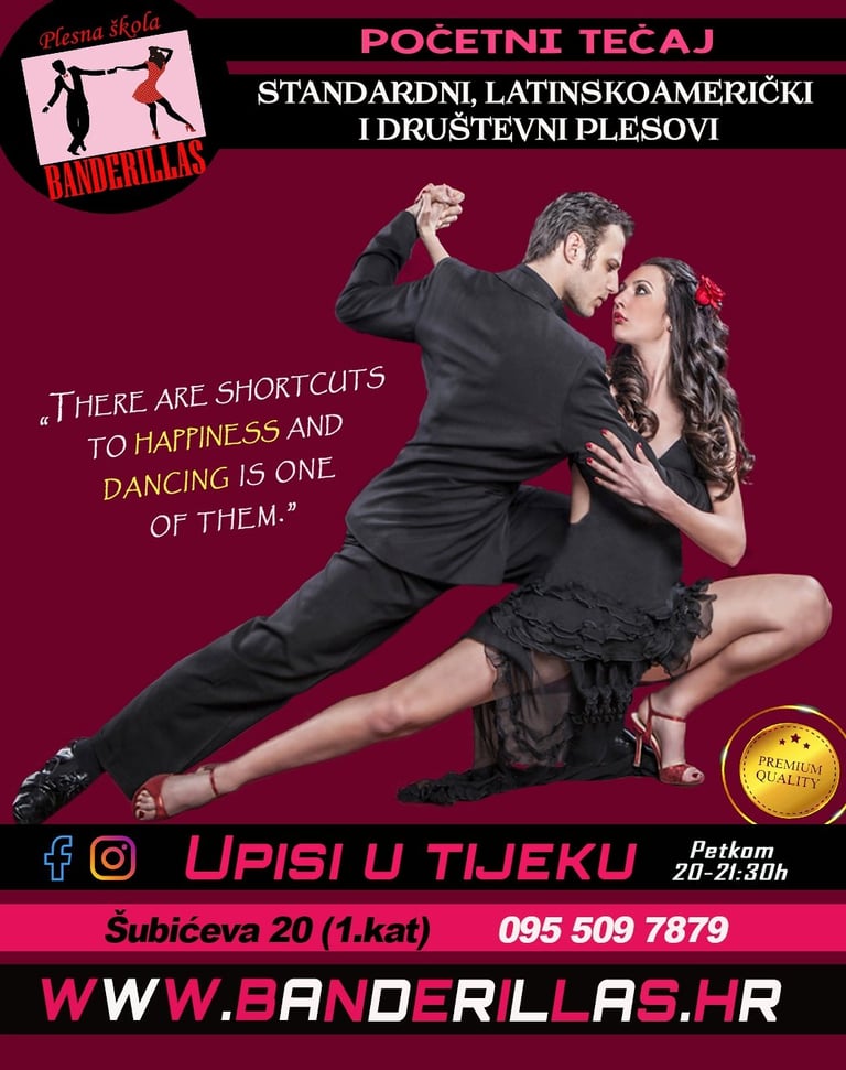 Promotivni plakat plesnog studija Banderillas s plesnim parom u latino plesnom pokretu na bordo pozadini
