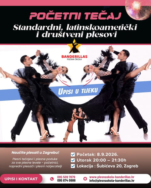 Plakat plesne škole Banderillas — plesni tečaj standardnih, latino i društvenih plesova od 8.9.2026. u Zagrebu