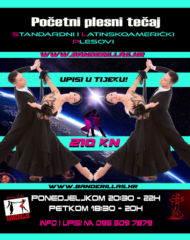 Plakat plesnog tečaja s dvoje plesača u svečanoj odjeći koji izvode standardne i latinskoameričke plesove na tirkiznoj pozadini
