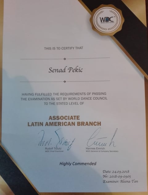Certificate of achievement for Senad Pekic as Associate Latin American Branch from World Dance Council, dated 24.09.2018, with official seal and signatures