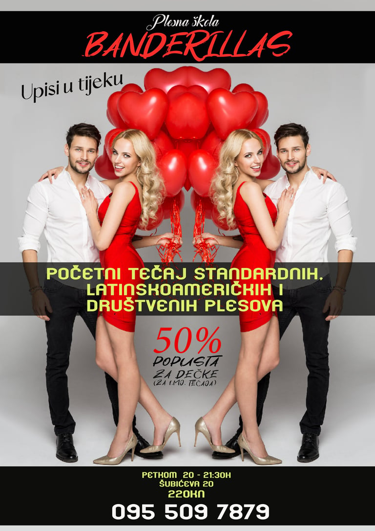 Promotivni plakat Plesne škole Banderillas s dva para u svečanoj odjeći