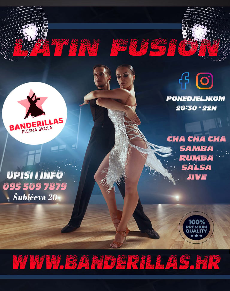 Promotivni plakat Latin Fusion plesnog tečaja s dvoje plesača koji plešu zajedno uz disko kugle, raspored i kontakt