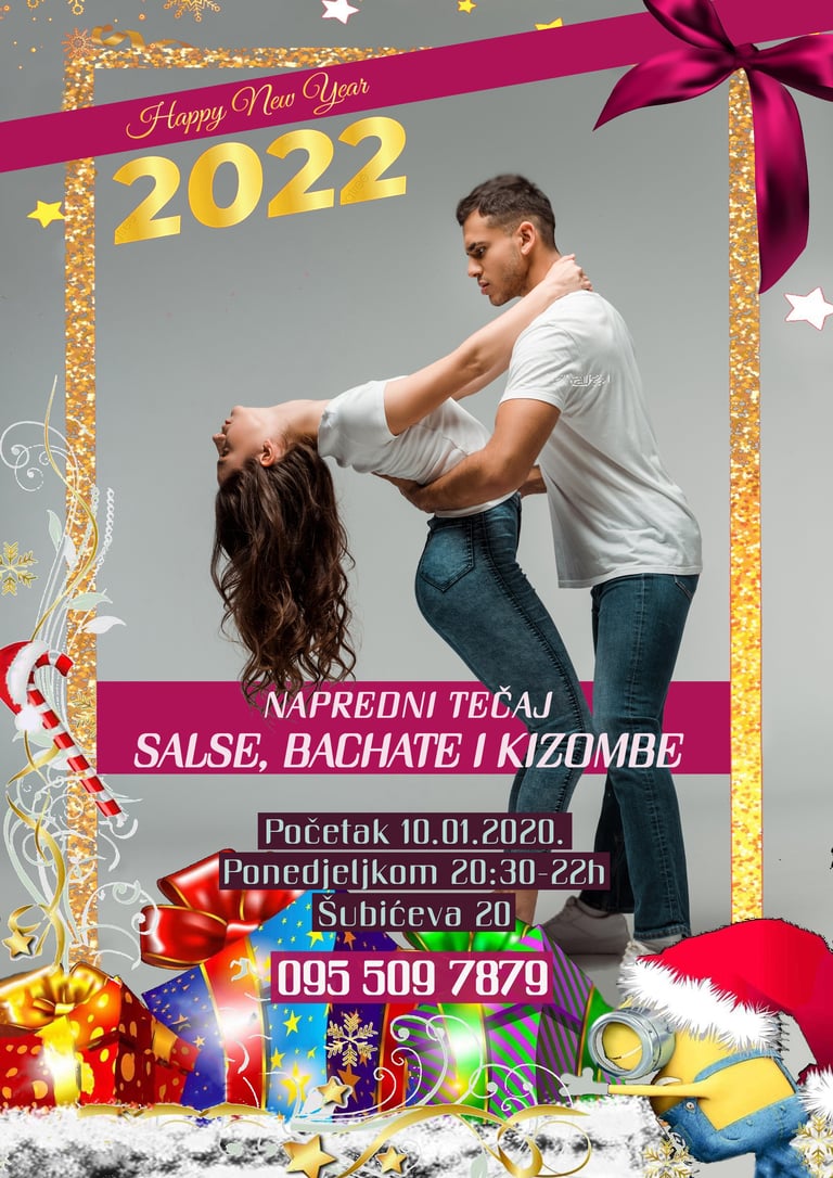 Novogodišnji plakat naprednog tečaja salse, bachate i kizombe s plesnim parom u zlatnom svečanom okviru Plesne škole Banderillas