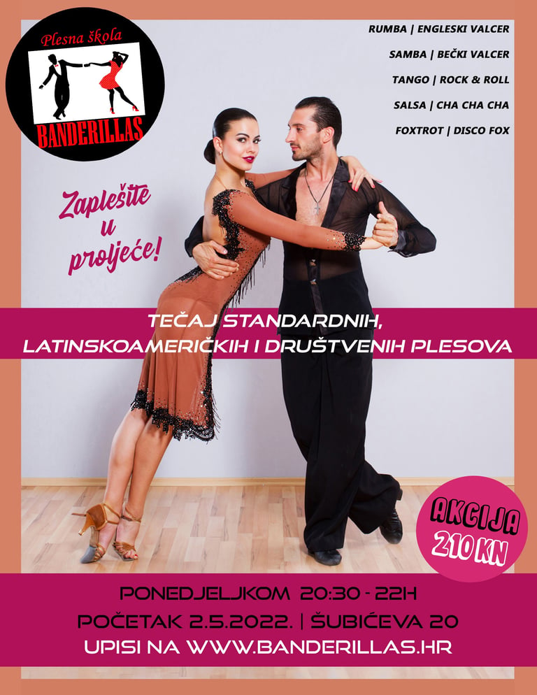 Plesni par u latino plesnim pozama promovira događaj Plesne škole Banderillas s popisom plesnih stilova