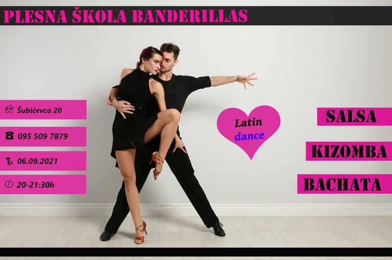Promotivni plakat plesnog tečaja s plesnim parom koji izvodi latino ples uz raspored termina Plesne škole Banderillas