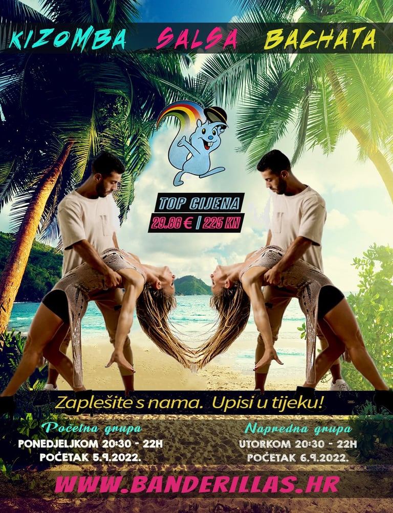 Plakat tečaja kizombe, salse i bachate s tropskom plažnom scenom i dvije plesačice u obliku srca od kose Plesne škole Banderillas