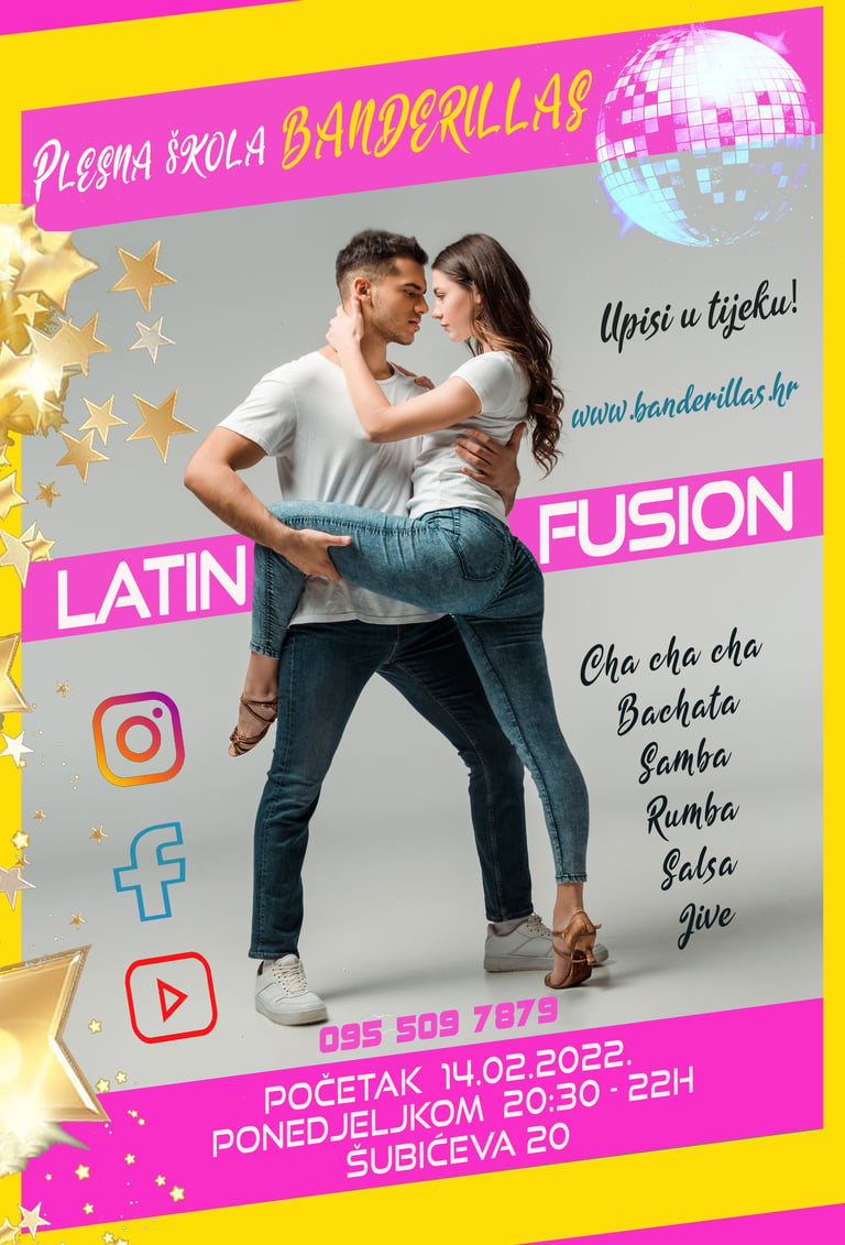 Plakat Plesne škole Banderillas s plesnim parom i popisom Latin Fusion plesnih stilova uz detalje o događaju