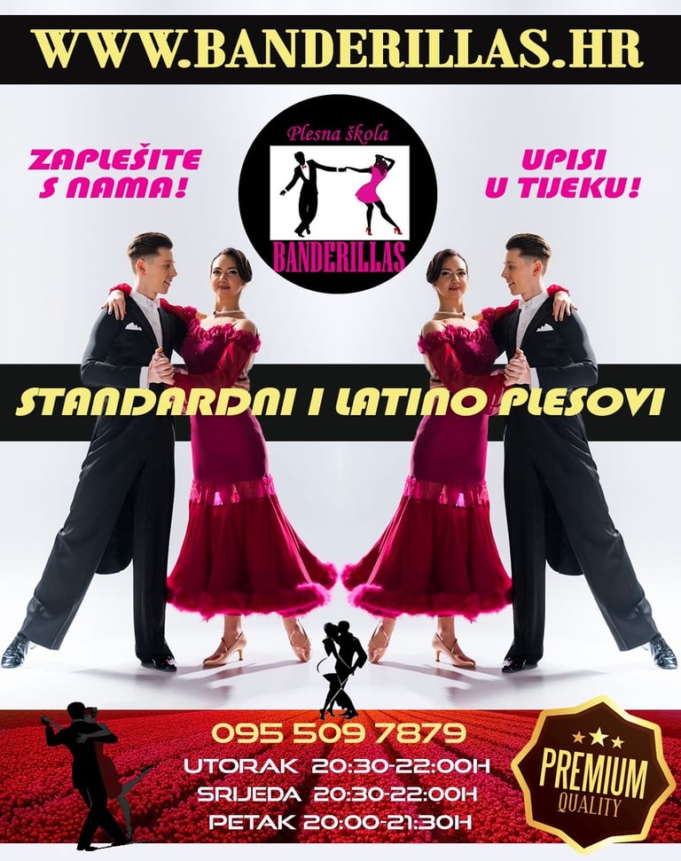 Promotivni plakat Plesne škole Banderillas s parovima u svečanoj odjeći koji izvode standardne i latino plesove uz raspored