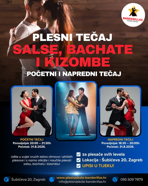 Plakat plesne škole Banderillas — Plesni tečaj salse, bachate i kizombe, početni i napredni tečaj od 31.8.2026.