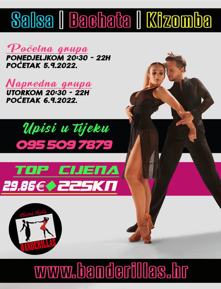 Plakat tečaja salse, bachate i kizombe s parom u plesnom pokretu, rasporedom grupa i cijenom tečaja Plesne škole Banderillas