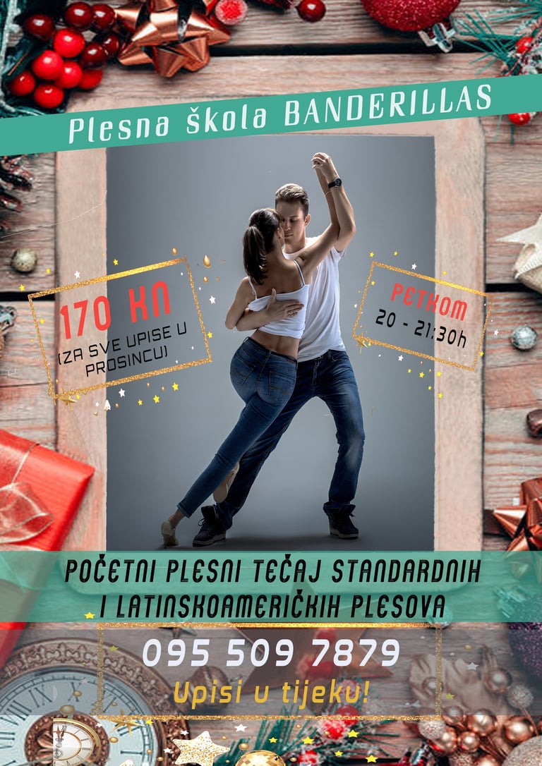 Plakat plesne poduke Plesne škole Banderillas s plesnim parom, cijenom tečaja i kontakt brojem