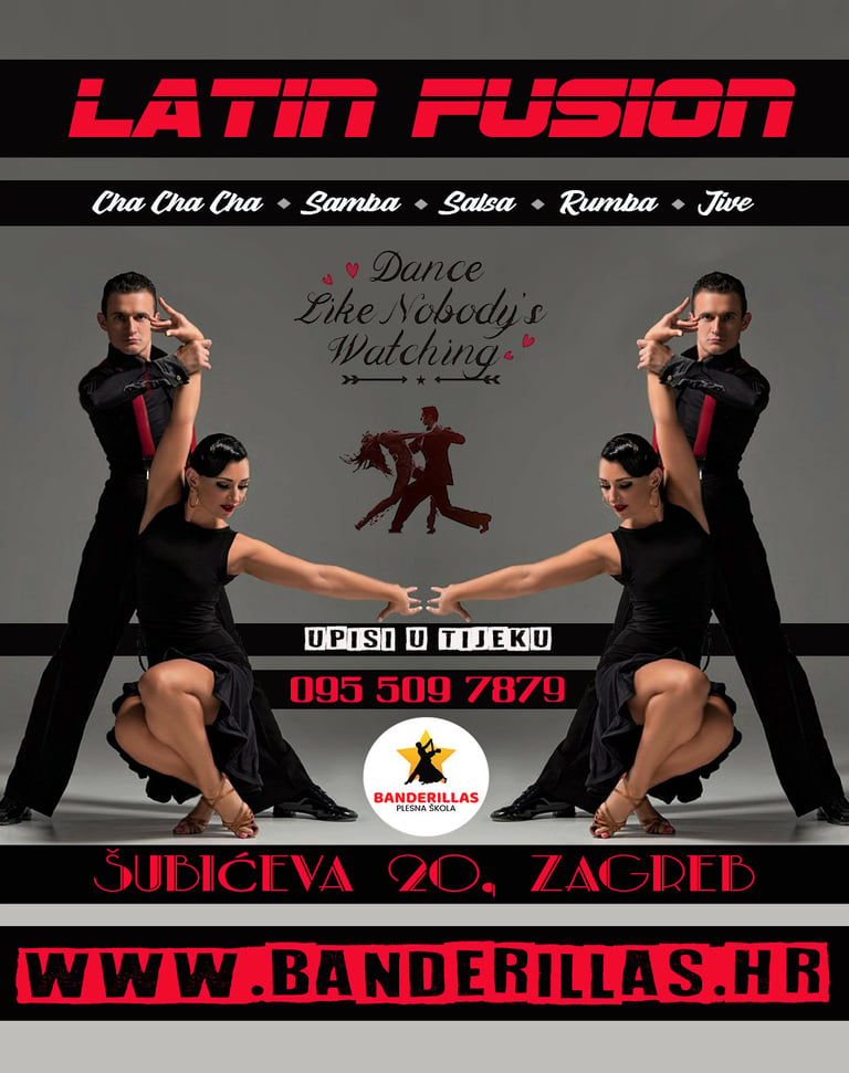Promotivni plakat Latin Fusion plesnog studija s parovima koji izvode salsu i druge latino plesove uz kontakt i web informacije