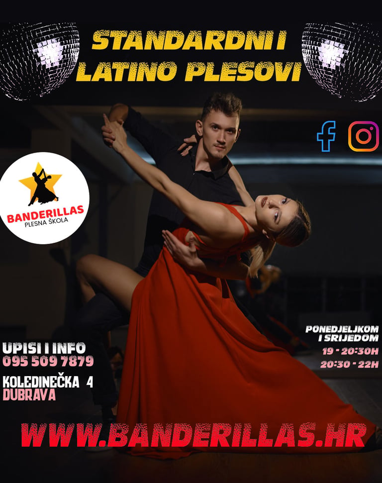 Plesni par izvodi latino ples na događaju plesne škole s disko kuglama i studijskim rasvjetama u pozadini