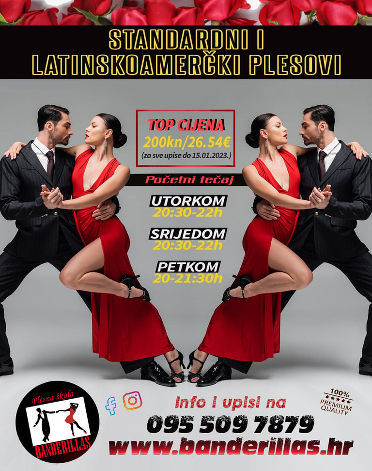 Promotivni plakat za latino plesne poduke s parovima u svečanoj odjeći koji promovira standardni i početni tečaj s cijenama