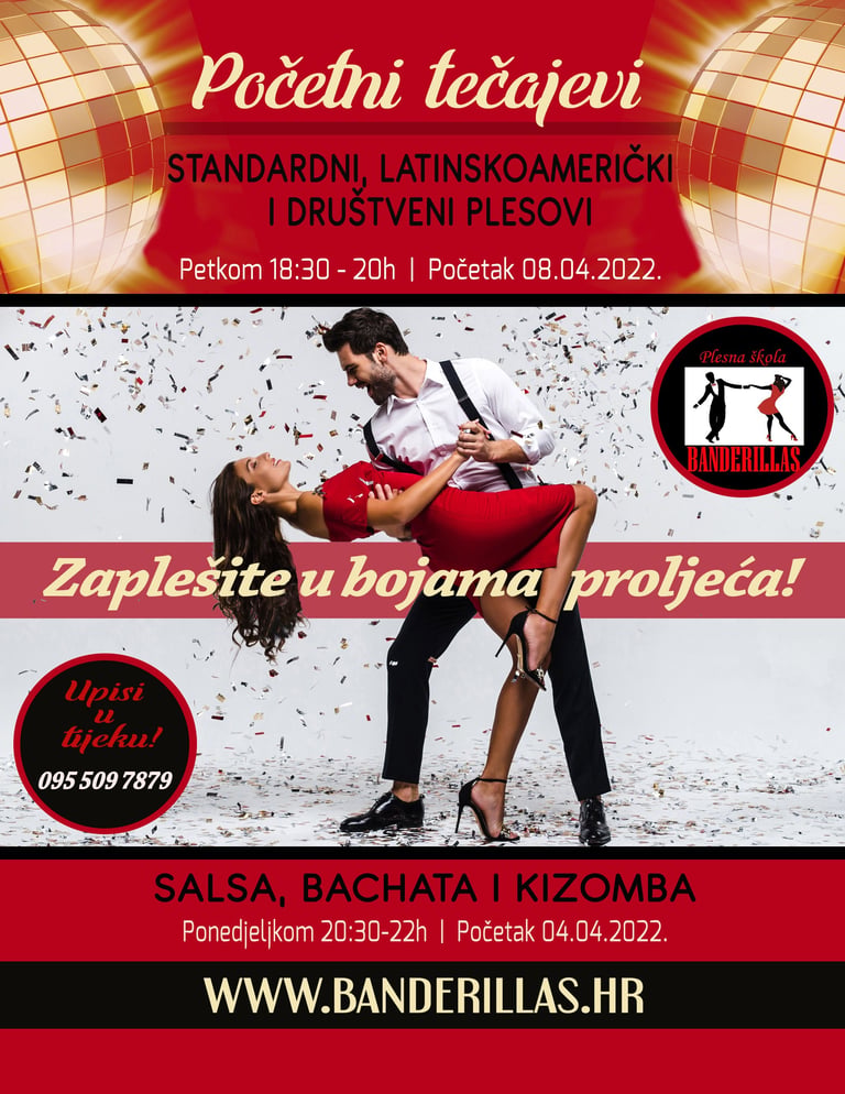 Promotivni plakat početnog tečaja standardnih, latino plesova i salse s plesačicom u crvenoj haljini i konfetima