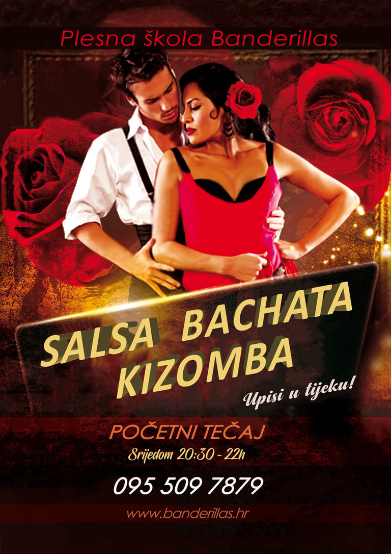Promotivni plakat tečaja salse, bachate i kizombe s plesnim parom, crvenim ružama i zlatnim natpisom Plesne škole Banderillas