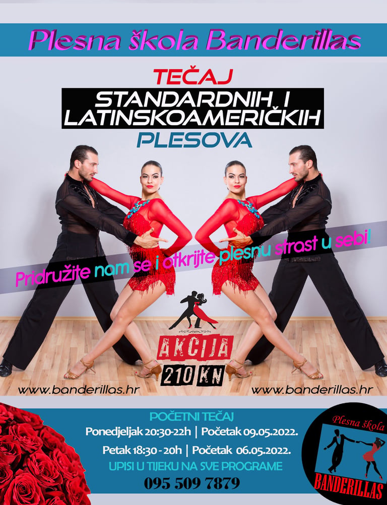 Promotivni plakat Plesne škole Banderillas s dva para u crveno-crnoj odjeći koji izvode standardne latinskoameričke plesove
