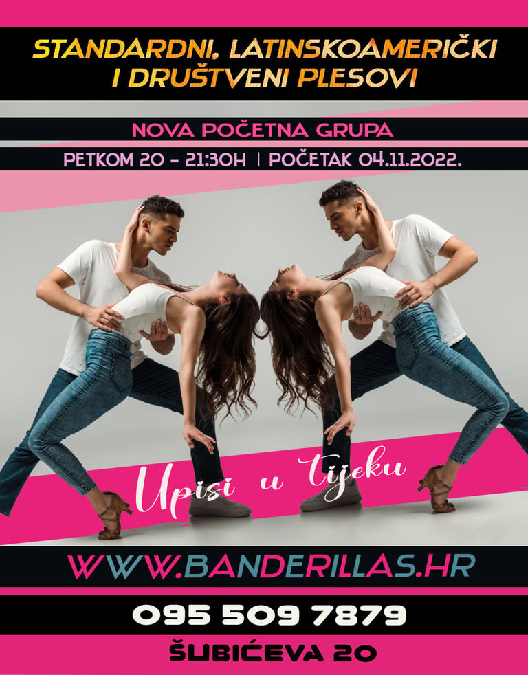 Plakat plesnog tečaja s četvero plesača u bijelim majicama i trapericama koji izvode sinkronizirane pokrete na roza i crnoj pozadini