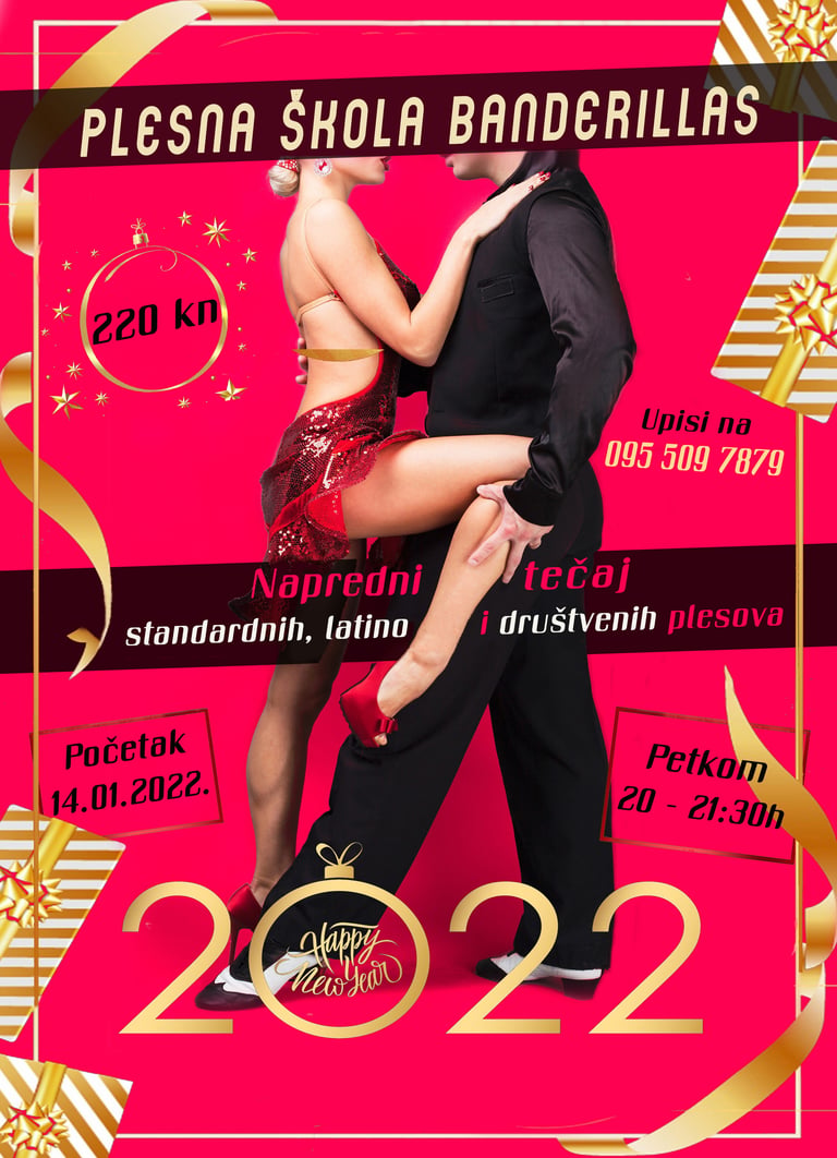 Plakat novogodišnjeg naprednog tečaja standardnih, latino i društvenih plesova s plesnim parom na ružičastoj pozadini Plesne škole Banderillas