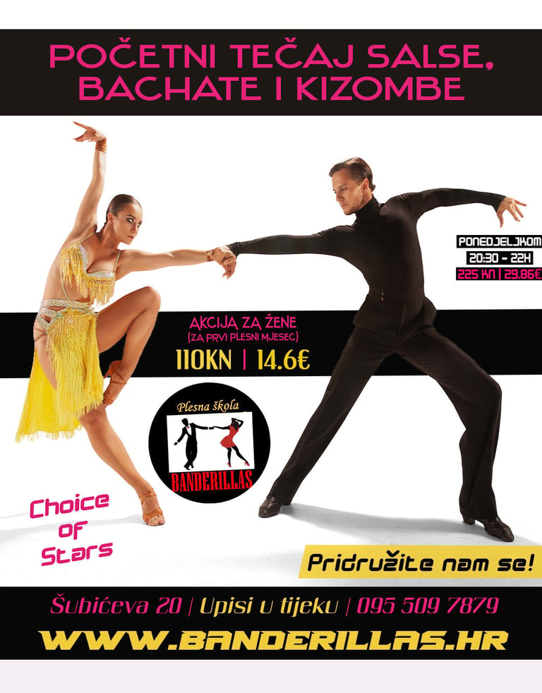 Promotivni plakat plesnog tečaja s muškarcem i ženom koji izvode salsu, bachatu i kizombu s akcijskom cijenom za žene