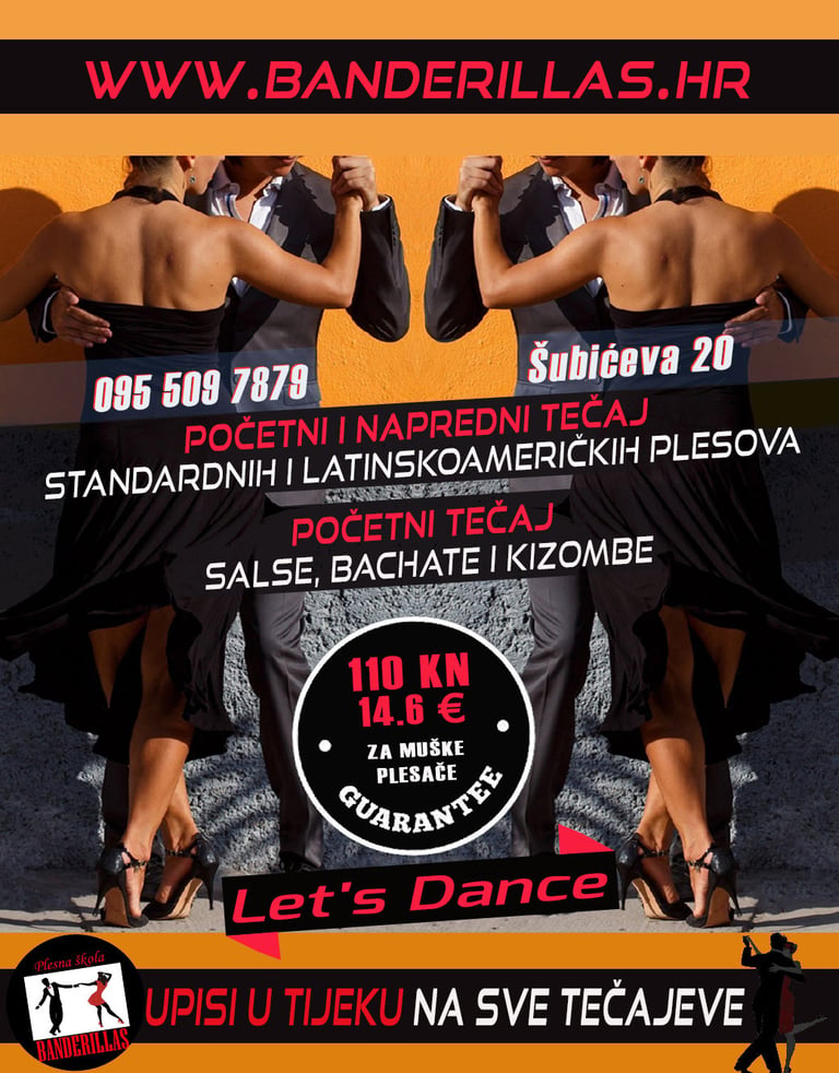 Plakat plesnog tečaja koji promovira poduku salse, bachate i kizombe u Zagrebu s cijenama i kontakt podacima