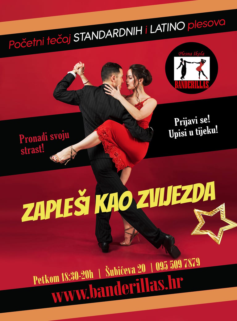 Muškarac i žena plešu latinskoamerički standardni ples na crvenoj pozadini na plakatu plesnih poduka