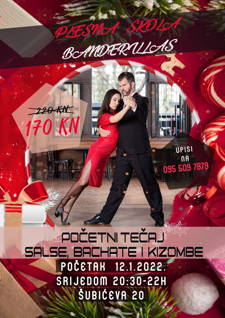 Promotivni plakat blagdanskog plesnog tečaja s parom u crveno-crnoj odjeći i akcijskom cijenom Plesne škole Banderillas