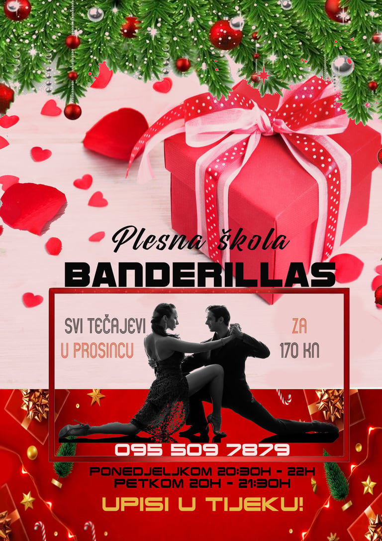 Promotivni plakat Plesne škole Banderillas za blagdansku sezonu plesnih tečajeva s plesnim parom