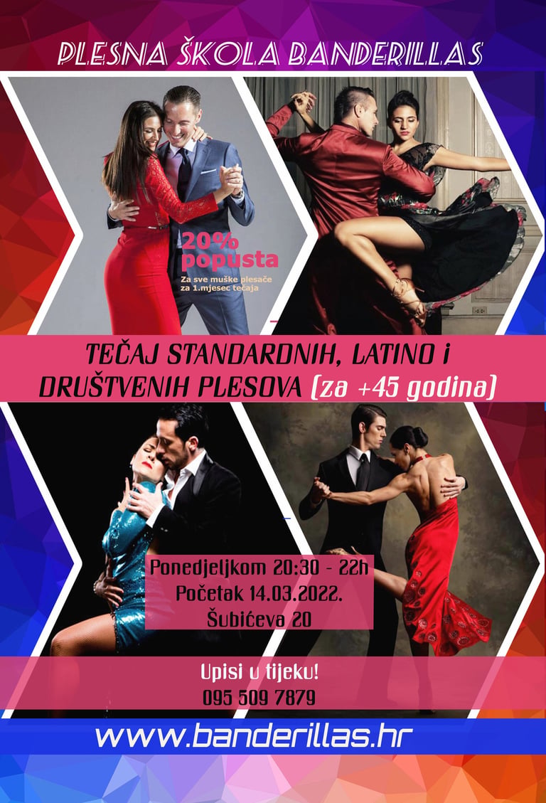 Plakat plesne poduke za osobe starije od 45 godina s prikazom četiri plesna para koji izvode standardne i latino plesove