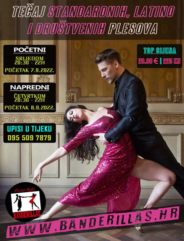 Plakat tečaja standardnih, latino i društvenih plesova s parom u elegantnom plesnom pokretu i top cijenom Plesne škole Banderillas