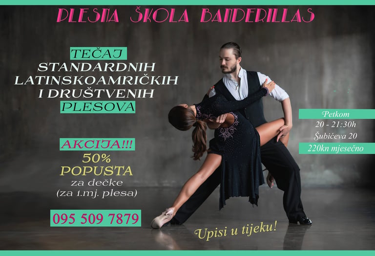 Plakat plesne škole s dvoje plesača uz latino plesni tečaj