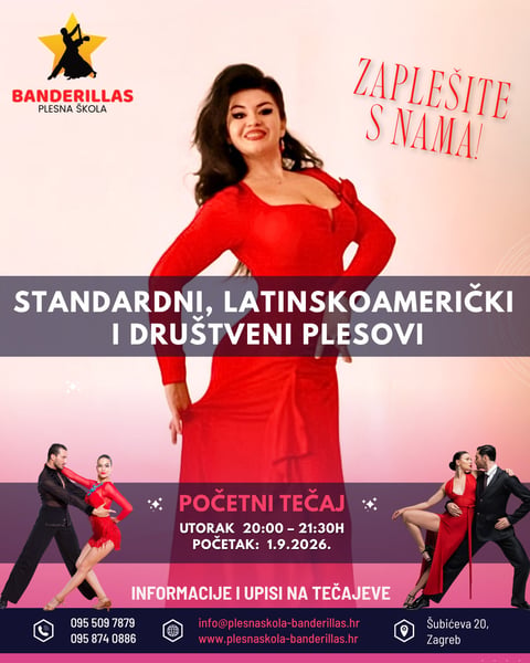 Plakat plesne škole Banderillas — Standardni, latinskoamerički i društveni plesovi, početni tečaj