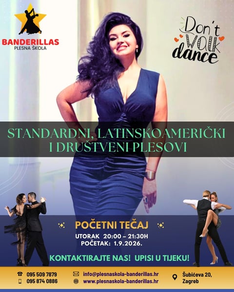Plakat plesne škole Banderillas Zagreb — Standardni, latinskoamerički i društveni plesovi, upisi u tijeku