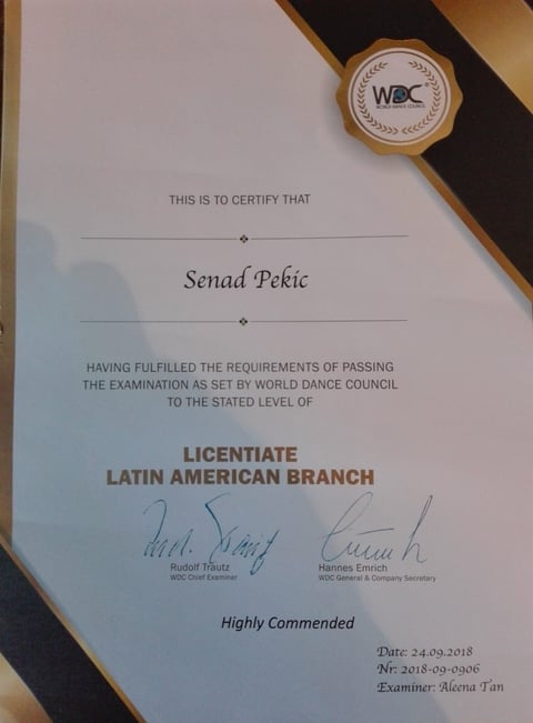 World Dance Council certificate for Senad Pekic certifying completion of Licentiate Latin American Branch examination, dated 24.09.2018