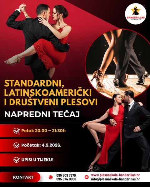 Plakat plesne škole Banderillas — Standardni, latinskoamerički i društveni plesovi, napredni tečaj od 4.9.2026.