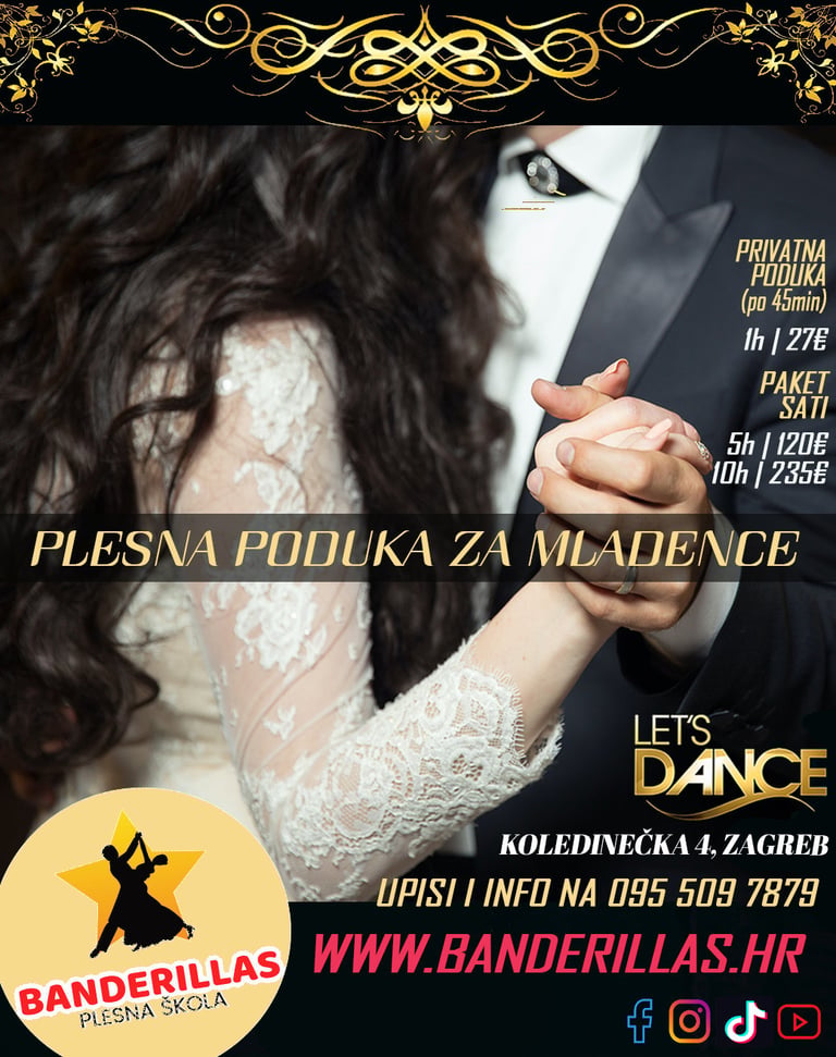 Reklama za plesnu poduku za mladence s parom koji se drži za ruke, zlatnim ornamentima i cijenama Plesne škole Banderillas u Zagrebu