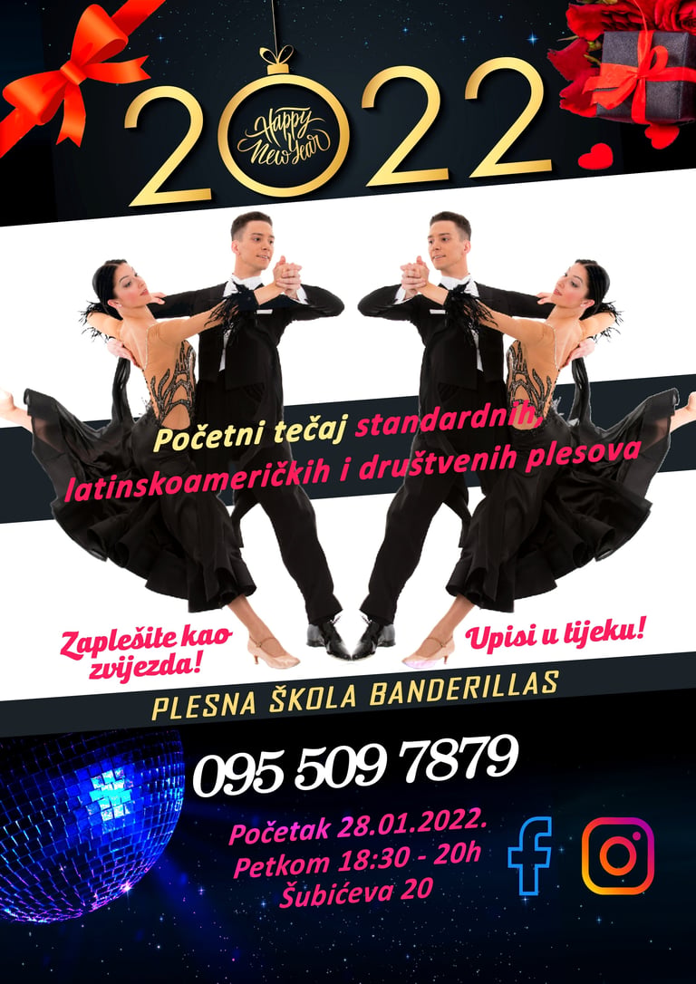 Novogodišnji plakat početnog tečaja standardnih, latinskoameričkih i društvenih plesova s parom u svečanoj odjeći Plesne škole Banderillas