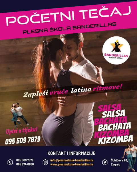 Plakat plesne škole Banderillas — Početni tečaj salse, bachate i kizombe, upisi u tijeku