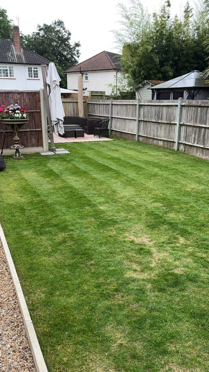 Residential backyard with green lawn, wooden fences, brick houses, and patio area with outdoor furniture