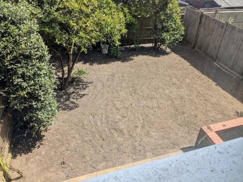 Backyard with dirt ground, green trees and shrubs along the sides, wooden fence, and partial view of a brick patio