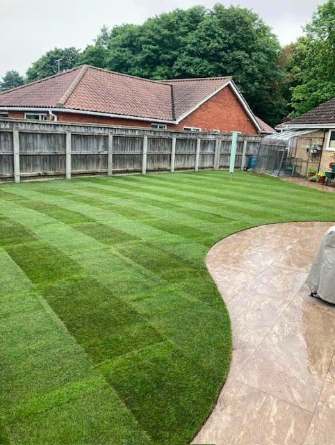 Backyard with striped mowed lawn, patio, wooden fence, and brick house with trees in background