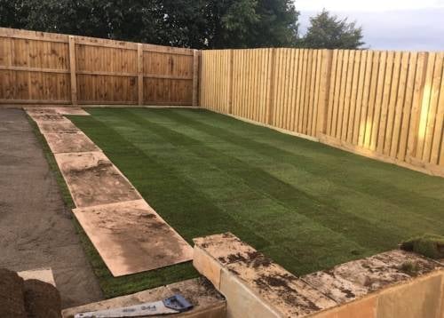 Newly landscaped backyard with fresh green lawn, wooden fence, and stone pathway bordered by brick edging