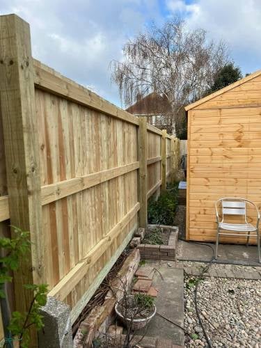 A wooden garden fence and shed in a backyard with gravel and potted plants, bare tree visible in background